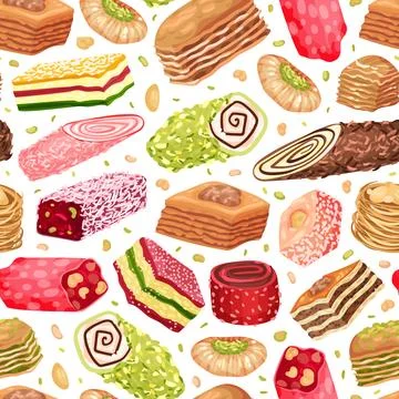 Oriental Sweets Seamless Pattern Design with Sugary Dessert Vector Template Illustrazione stock
