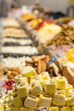 Oriental sweets , showcase Stock Photos