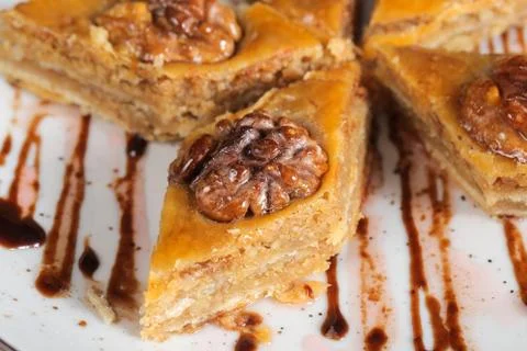 Oriental sweets with walnuts close-up Photos