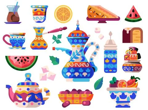 Oriental Tea Ceremony Set with Sweets and Kettles イラスト素材