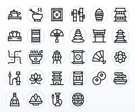 Oriental Vector Icon Library with 28 Bold Line 64x64 Detail Enhanced Designs Stock Illustration