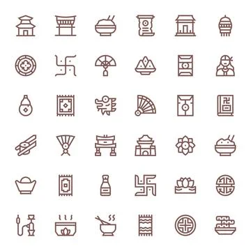 Oriental Visual Pack containing 36 Bold Line PIXEL Perfect Vector Icons Ilustração Stock
