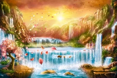 Oriental,Background,,Digital,Art.,Illustration,Of,A,Dawn,Mountain,Fantastic Stock Illustration