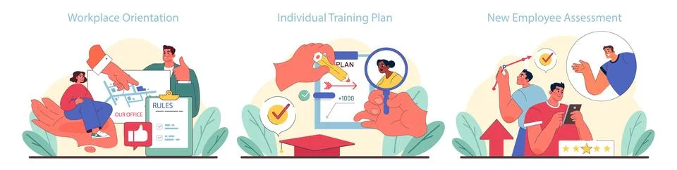Orientation set. First day at work with office map and company rules. Stock Illustration