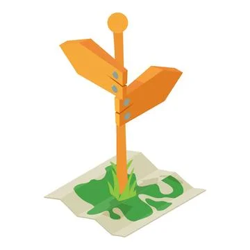 Orienteering concept icon isometric vector. Old wooden road sign on paper map Stock Illustration