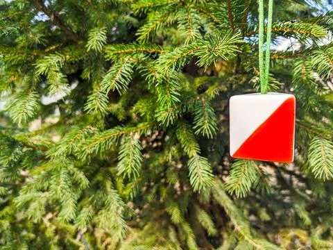 Orienteering control point prism marker hanging on spruce tree branch in out Stock Photos