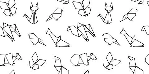 Origami animal pattern. Doodle print with black line Japan paper toy. Hand dr Illustrazione stock