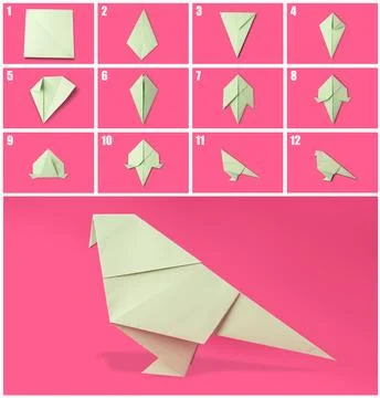 Origami art. Making paper bird step by step, photo collage on pink background 写真素材