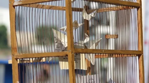 Origami of a bird in a cage Stock Footage 68949350