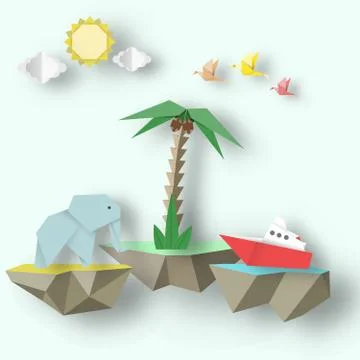 Origami Elephant, Ship and 3D Fly Island. Stock Illustration