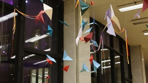 Origami figures hanging from the ceiling Stock Footage 111926743