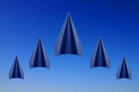 Origami five blue paper planes on blue sky background Stock Illustration