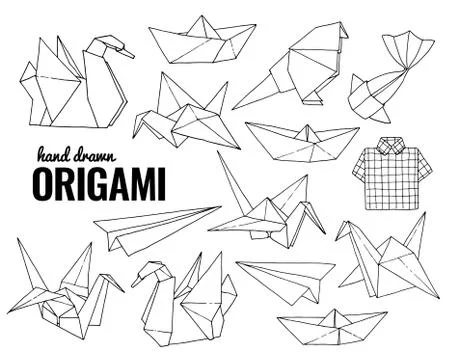 Origami hand drawn vector set Stock Illustration