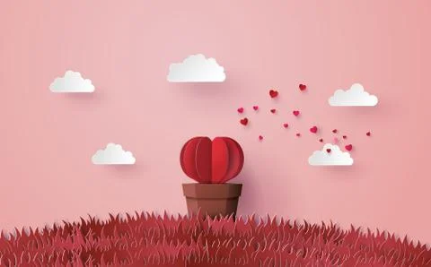 Origami made Heart shape tree with pot set in the pink grass. Stock Illustration