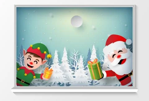 Origami paper art of Santa Claus and Elf at the window to give a gift, Merry  Stock Illustration