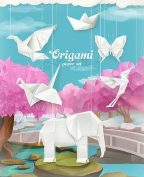 Origami paper set, vector background Illustrazione stock