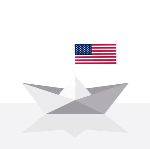 Origami paper ship with reflection and USA flag. Vector illustration. Stock Illustration