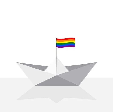 Origami paper ship with reflection and rainbow flag. LGBT concept. Vector. Illustrazione stock