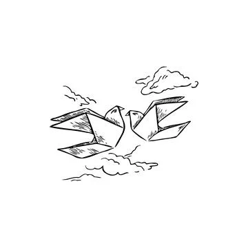 Origami, pigeons, clouds sketch vector illustration Stock Illustration