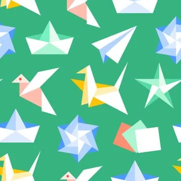 Origami seamless pattern with flat icons. Paper cranes, bird, boat, plane vector Illustrazione stock