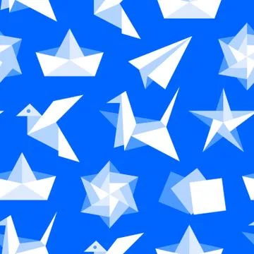 Origami seamless pattern with flat icons. Paper cranes, bird, boat, plane vector Stock Illustration
