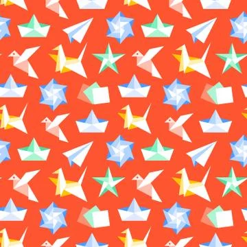 Origami seamless pattern with flat icons. Paper cranes, bird, boat, plane vector Ilustración de archivo