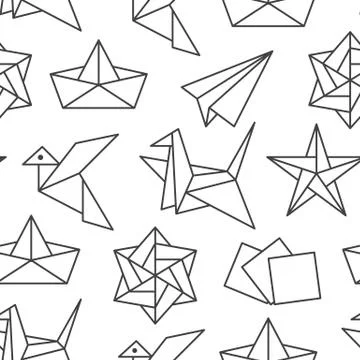 Origami seamless pattern with flat line icons. Paper cranes, bird, boat, plane Ilustración de archivo