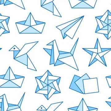 Origami seamless pattern with flat line icons. Paper cranes, bird, boat, plane Stock Illustration