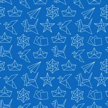 Origami seamless pattern with flat line icons. Paper cranes, bird, boat, plane Stock Illustration