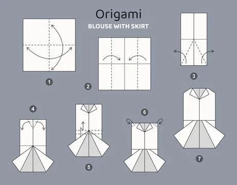 Origami tutorial for kids. Origami blouse and skirt. Illustrazione stock