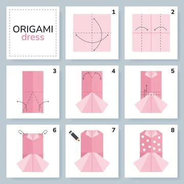 Origami tutorial for kids. Origami blouse and skirt. Ilustração Stock