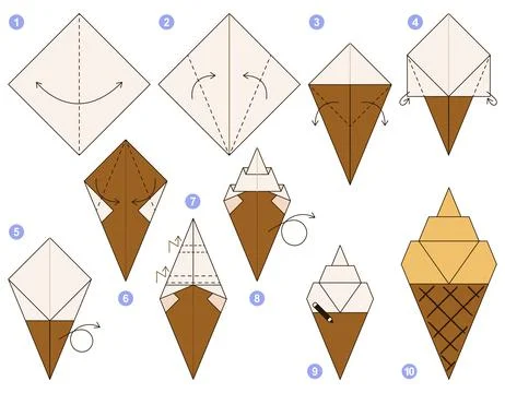 Origami tutorial for kids. Origami cute Ice Cream. Ilustración de archivo
