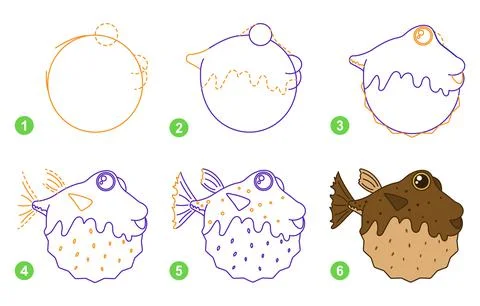 Origami tutorial for kids. Origami cute Puffer fish. Ilustración de archivo