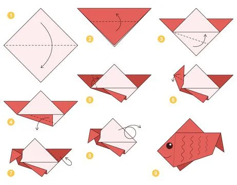 Origami tutorial for kids. Origami cute fish. Stockillustratie