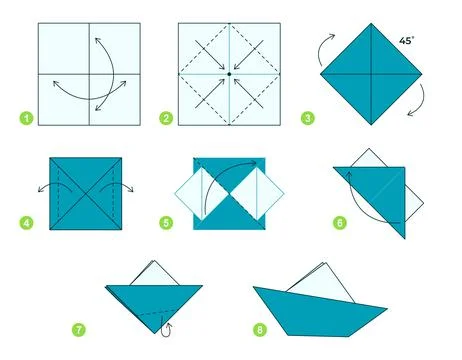 Origami tutorial for kids. Origami cute ship. Stock Illustration