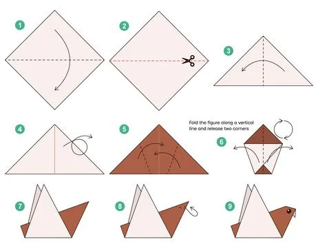 Origami tutorial for kids. Origami cute sparrow. Illustrazione stock