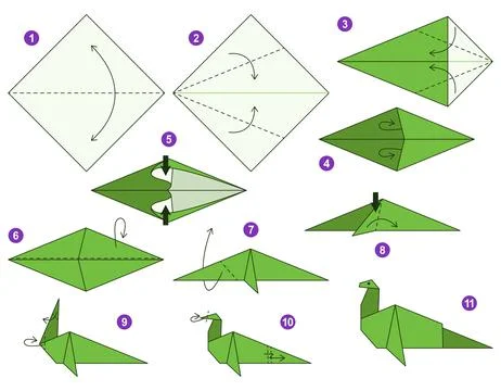 Origami tutorial for kids. Origami cute Dinosaur. Illustrazione stock