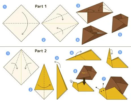 Origami tutorial for kids. Origami cute snail. 스톡 일러스트