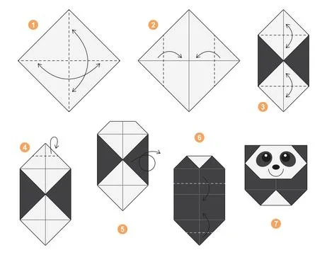 Origami tutorial for kids. Origami cute Panda. イラスト素材