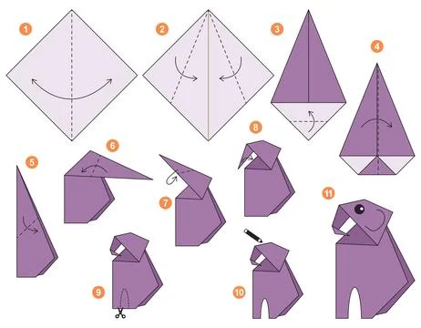 Origami tutorial for kids. Origami cute Elephant. 스톡 일러스트