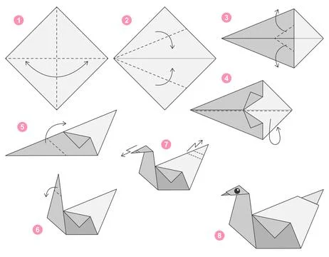 Origami tutorial for kids. Origami cute Swan. イラスト素材