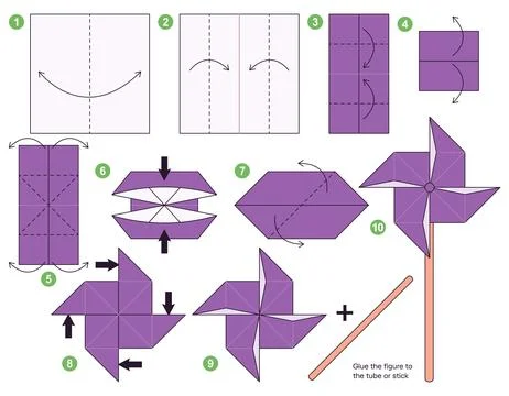 Origami tutorial for kids. Origami cute Windmill toy. Illustrazione stock
