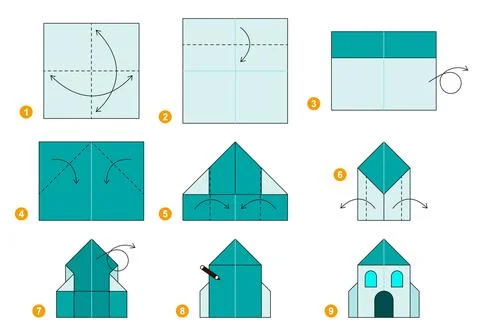 Origami tutorial for kids. Origami cute house. Illustrazione stock
