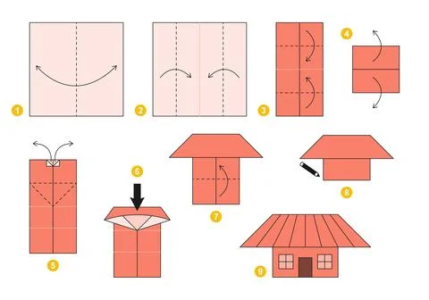 Origami tutorial for kids. Origami cute house. Stock Illustration