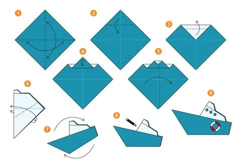 Origami tutorial for kids. Origami cute ship. Stockillustratie