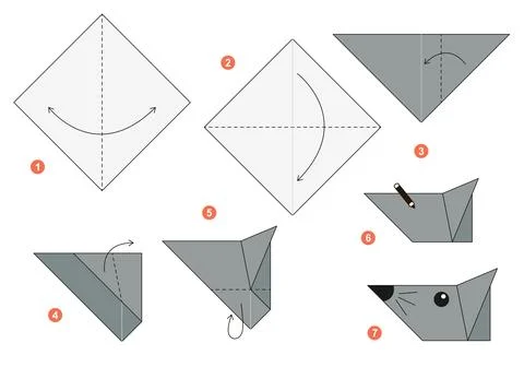 Origami tutorial for kids. Origami cute mouse. Stock Illustration