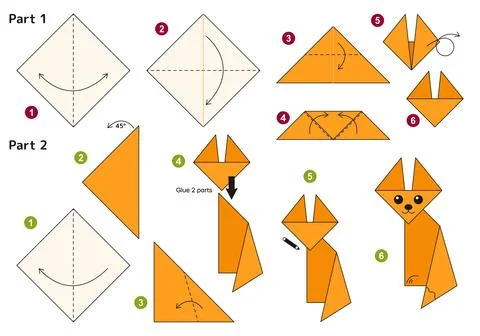 Origami tutorial for kids. Origami cute fox. Ilustração Stock