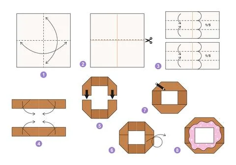 Origami tutorial for kids. Origami cute donut. Illustrazione stock