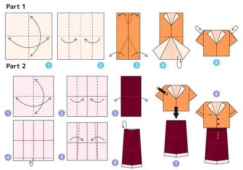 Origami tutorial for kids. Origami cute skirt and shirt. Ilustração Stock