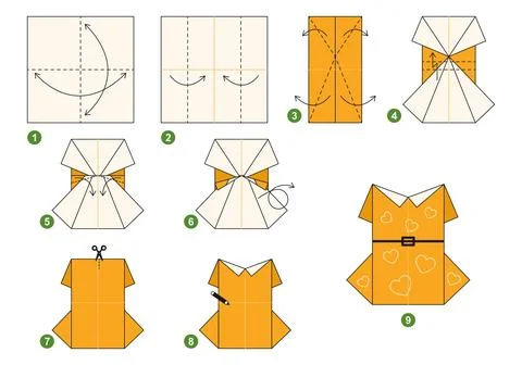 Origami tutorial for kids. Origami cute dress. Stockillustratie